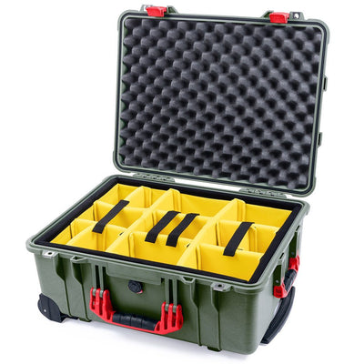 Pelican 1560 Case, OD Green with Red Handles & Latches Yellow Padded Microfiber Dividers with Convolute Lid Foam ColorCase 015600-0010-130-320