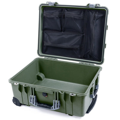 Pelican 1560 Case, OD Green with Silver Handles & Latches Mesh Lid Organizer Only ColorCase 015600-0100-130-180