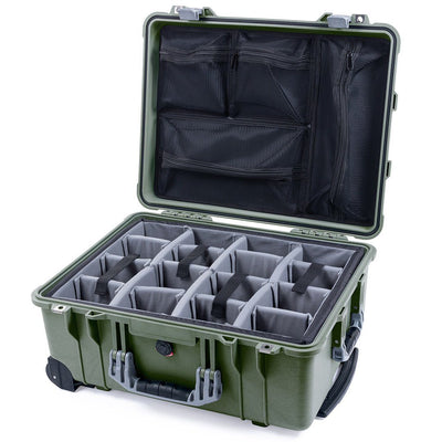 Pelican 1560 Case, OD Green with Silver Handles & Latches Gray Padded Microfiber Dividers with Mesh Lid Organizer ColorCase 015600-0170-130-180