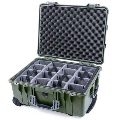 Pelican 1560 Case, OD Green with Silver Handles & Latches Gray Padded Microfiber Dividers with Convolute Lid Foam ColorCase 015600-0070-130-180