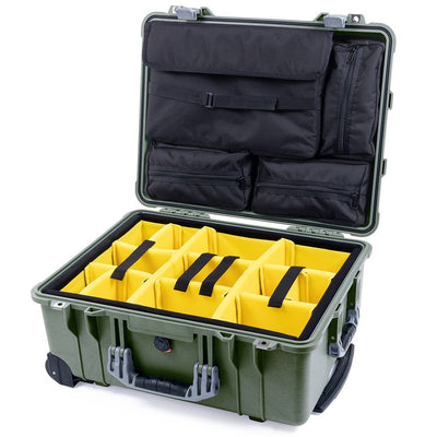 Pelican 1560 Case, OD Green with Silver Handles & Latches Yellow Padded Microfiber Dividers with Computer Pouch ColorCase 015600-0210-130-180