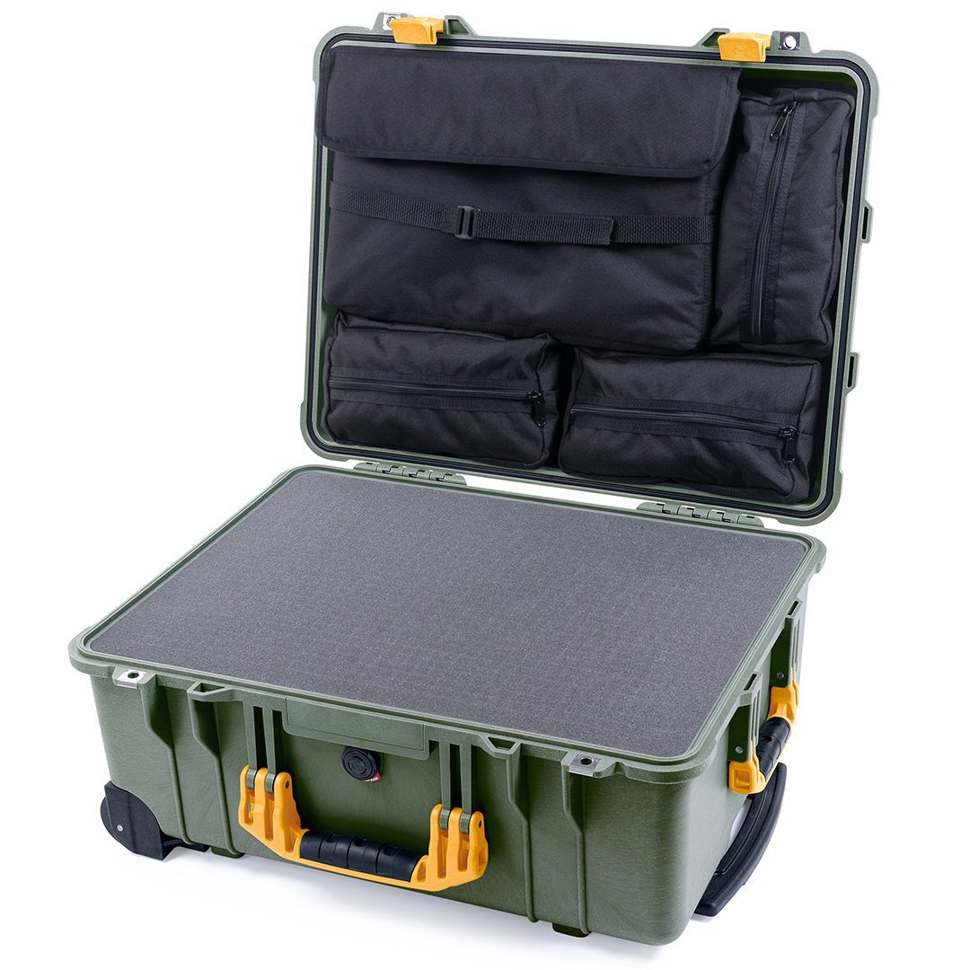 Pelican 1560 Case, OD Green with Yellow Handles & Latches Pick & Pluck Foam with Computer Pouch ColorCase 015600-0201-130-240
