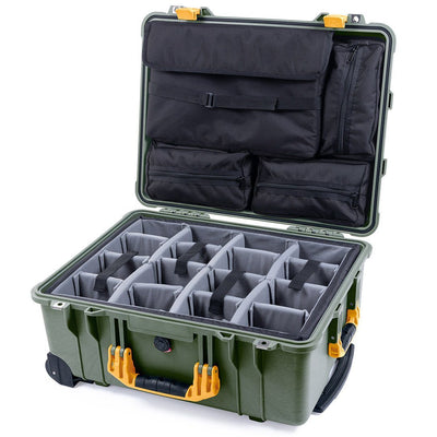 Pelican 1560 Case, OD Green with Yellow Handles & Latches Gray Padded Microfiber Dividers with Computer Pouch ColorCase 015600-0270-130-240