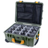 Pelican 1560 Case, OD Green with Yellow Handles & Latches Gray Padded Microfiber Dividers with Mesh Lid Organizer ColorCase 015600-0170-130-240