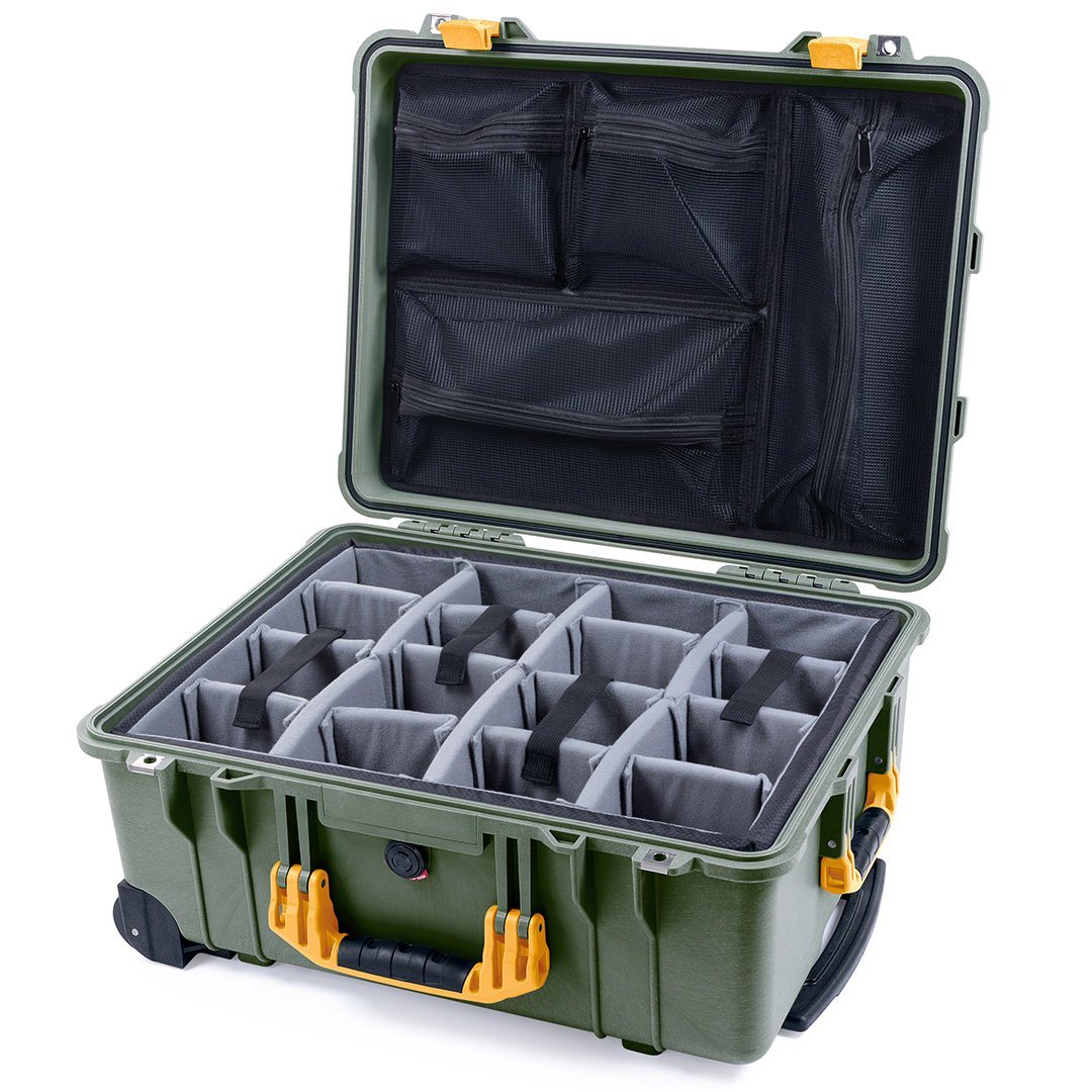 Pelican 1560 Case, OD Green with Yellow Handles &amp; Latches Gray Padded Microfiber Dividers with Mesh Lid Organizer ColorCase 015600-0170-130-240