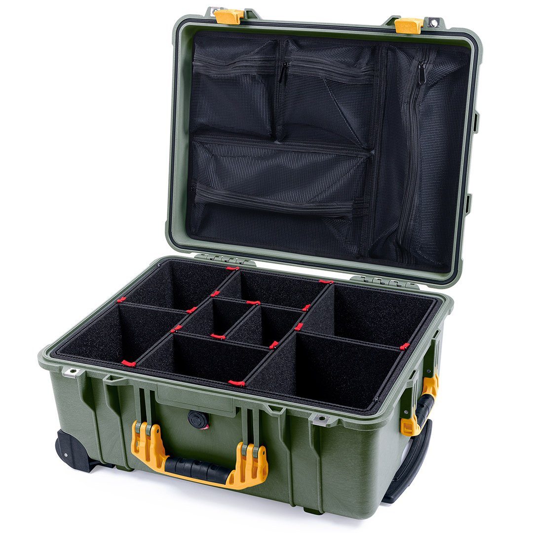 Pelican 1560 Case, OD Green with Yellow Handles &amp; Latches TrekPak Divider System with Mesh Lid Organizer ColorCase 015600-0120-130-240