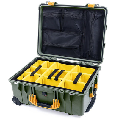 Pelican 1560 Case, OD Green with Yellow Handles & Latches Yellow Padded Microfiber Dividers with Mesh Lid Organizer ColorCase 015600-0110-130-240