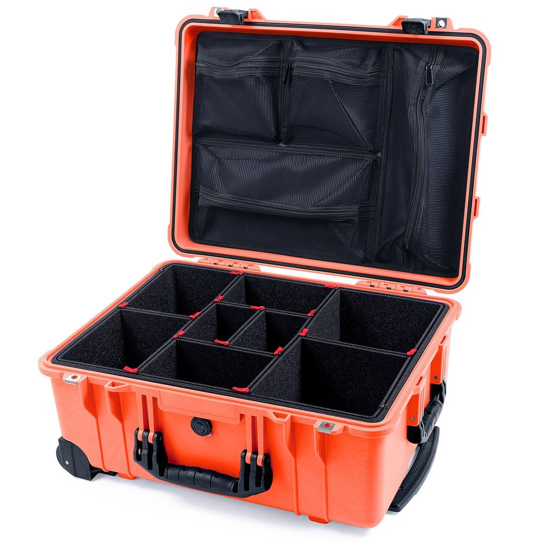Pelican 1560 Case, Orange with Black Handles &amp; Latches TrekPak Divider System with Mesh Lid Organizer ColorCase 015600-0120-150-110