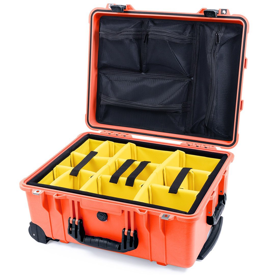 Pelican 1560 Case, Orange with Black Handles &amp; Latches Yellow Padded Microfiber Dividers with Mesh Lid Organizer ColorCase 015600-0110-150-110