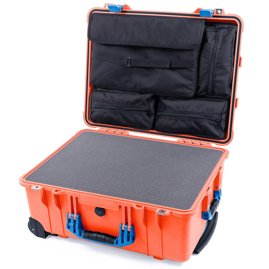 Pelican 1560 Case, Orange with Blue Handles &amp; Latches Pick &amp; Pluck Foam with Computer Pouch ColorCase 015600-0201-150-120
