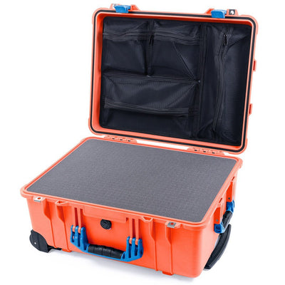 Pelican 1560 Case, Orange with Blue Handles & Latches Pick & Pluck Foam with Mesh Lid Organizer ColorCase 015600-0101-150-120