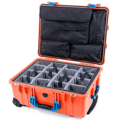 Pelican 1560 Case, Orange with Blue Handles & Latches Gray Padded Microfiber Dividers with Computer Pouch ColorCase 015600-0270-150-120