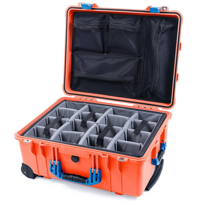 Pelican 1560 Case, Orange with Blue Handles & Latches Gray Padded Microfiber Dividers with Mesh Lid Organizer ColorCase 015600-0170-150-120