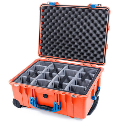 Pelican 1560 Case, Orange with Blue Handles & Latches Gray Padded Microfiber Dividers with Convolute Lid Foam ColorCase 015600-0070-150-120