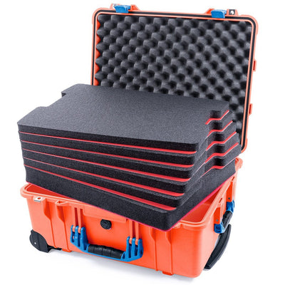 Pelican 1560 Case, Orange with Blue Handles & Latches Custom Tool Kit (6 Foam Inserts with Convolute Lid Foam) ColorCase 015600-0060-150-120