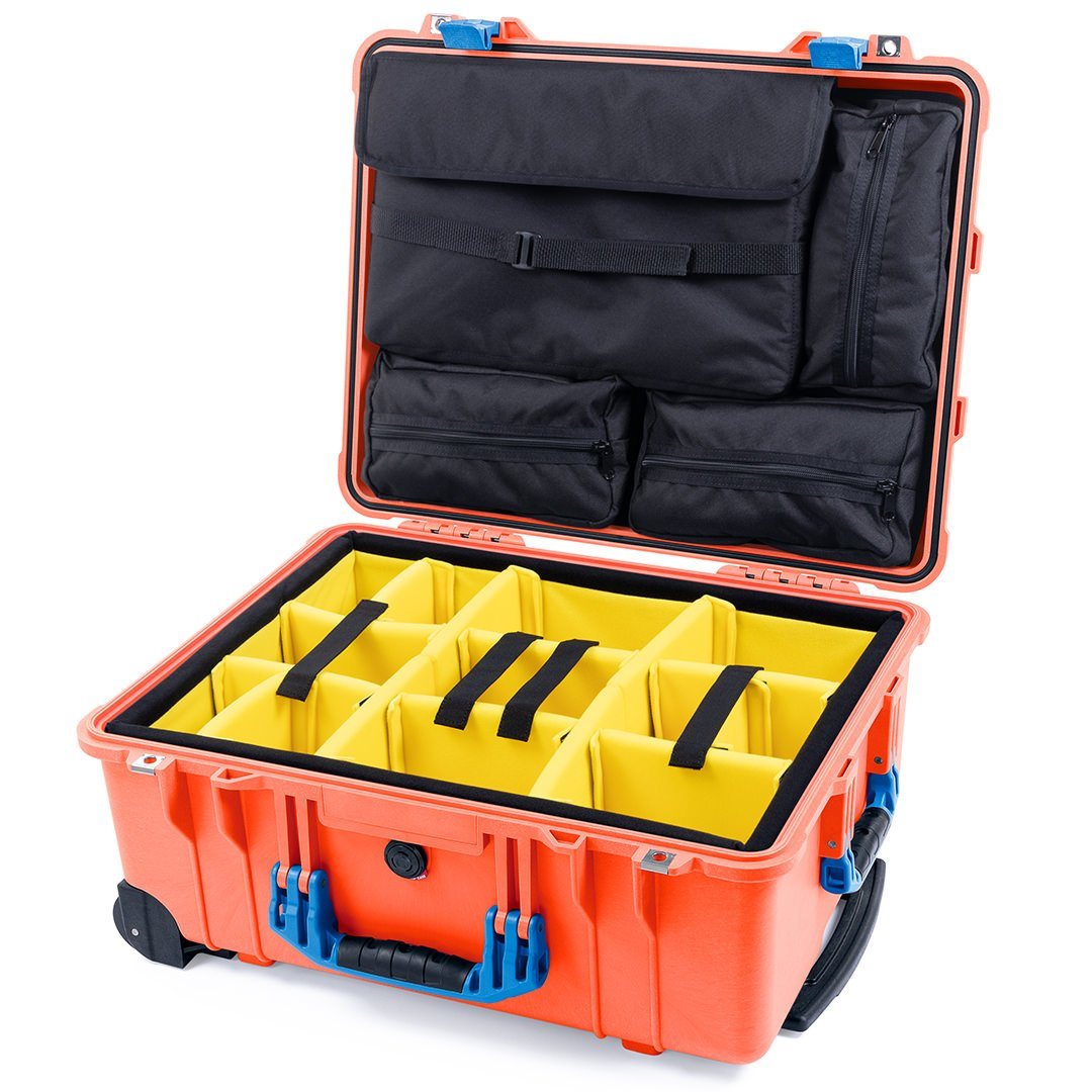 Pelican 1560 Case, Orange with Blue Handles &amp; Latches Yellow Padded Microfiber Dividers with Computer Pouch ColorCase 015600-0210-150-120