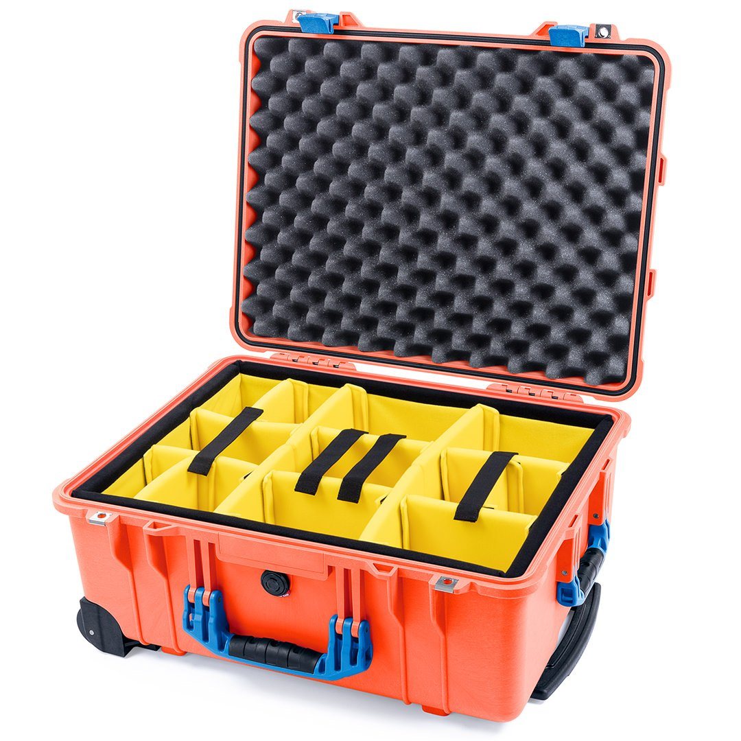 Pelican 1560 Case, Orange with Blue Handles &amp; Latches Yellow Padded Microfiber Dividers with Convolute Lid Foam ColorCase 015600-0010-150-120