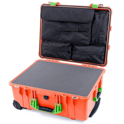 Pelican 1560 Case, Orange with Lime Green Handles & Latches Pick & Pluck Foam with Computer Pouch ColorCase 015600-0201-150-300