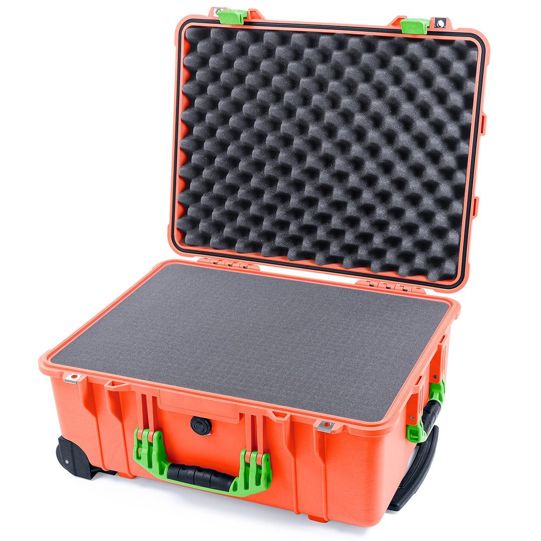 Pelican 1560 Case, Orange with Lime Green Handles &amp; Latches Pick &amp; Pluck Foam with Convolute Lid Foam ColorCase 015600-0001-150-300