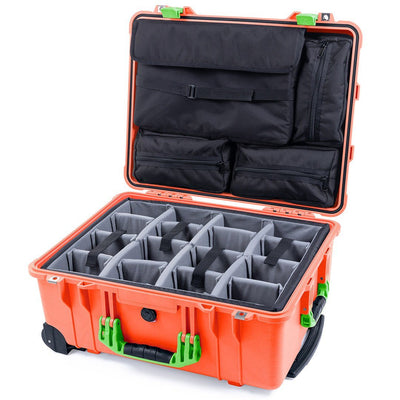 Pelican 1560 Case, Orange with Lime Green Handles & Latches Gray Padded Microfiber Dividers with Computer Pouch ColorCase 015600-0270-150-300