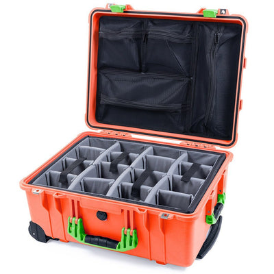 Pelican 1560 Case, Orange with Lime Green Handles & Latches Gray Padded Microfiber Dividers with Mesh Lid Organizer ColorCase 015600-0170-150-300