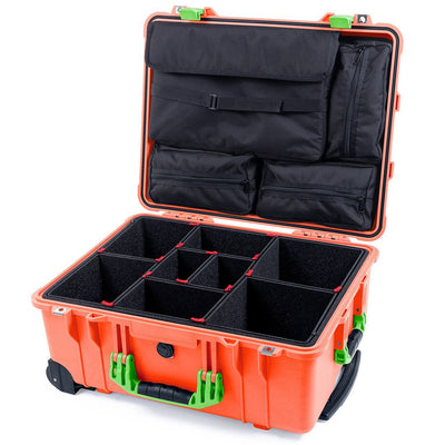 Pelican 1560 Case, Orange with Lime Green Handles & Latches TrekPak Divider System with Computer Pouch ColorCase 015600-0220-150-300