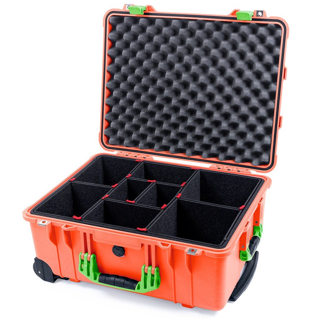 Pelican 1560 Case, Orange with Lime Green Handles &amp; Latches TrekPak Divider System with Convolute Lid Foam ColorCase 015600-0020-150-300