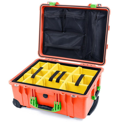 Pelican 1560 Case, Orange with Lime Green Handles & Latches Yellow Padded Microfiber Dividers with Mesh Lid Organizer ColorCase 015600-0110-150-300