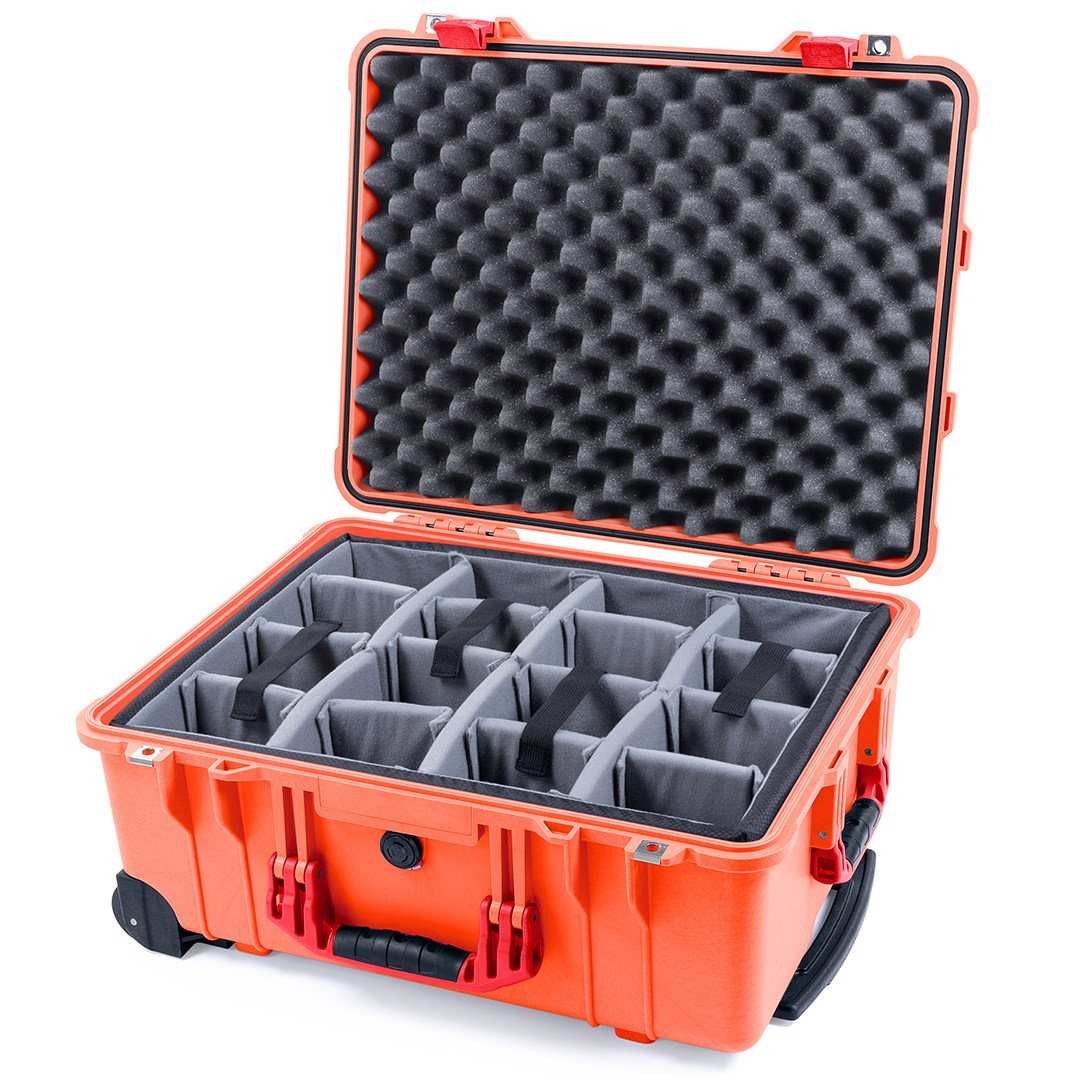 Pelican 1560 Case, Orange with Red Handles &amp; Latches Gray Padded Microfiber Dividers with Convolute Lid Foam ColorCase 015600-0070-150-320