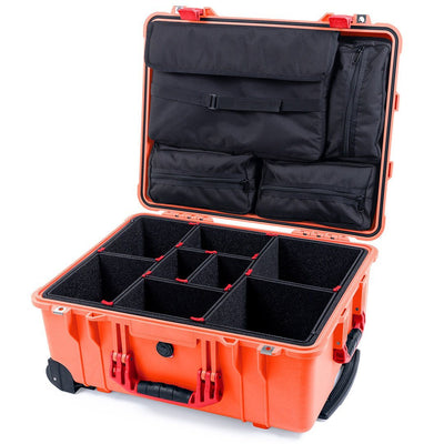 Pelican 1560 Case, Orange with Red Handles & Latches TrekPak Divider System with Computer Pouch ColorCase 015600-0220-150-320