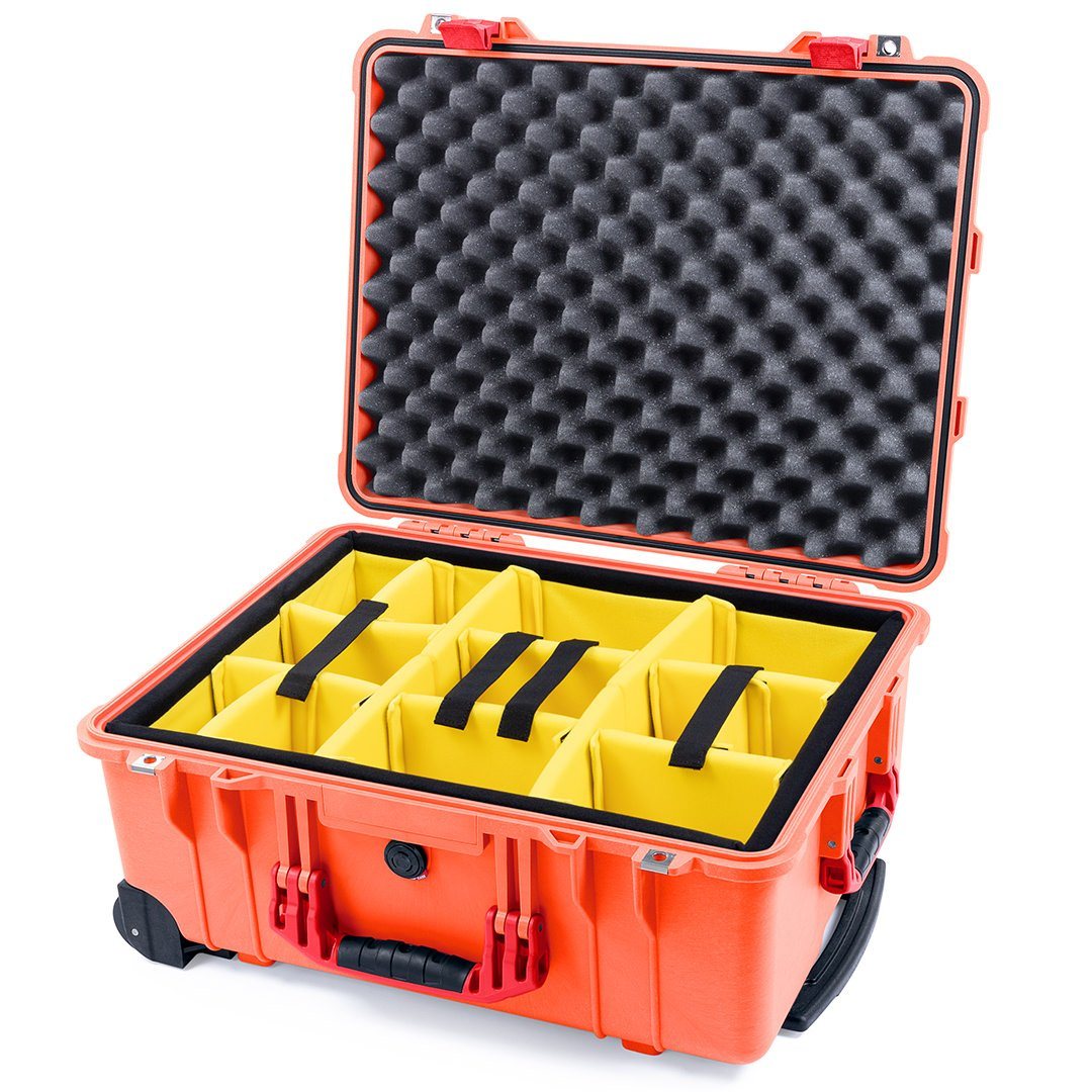 Pelican 1560 Case, Orange with Red Handles &amp; Latches Yellow Padded Microfiber Dividers with Convolute Lid Foam ColorCase 015600-0010-150-320