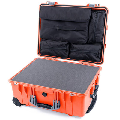Pelican 1560 Case, Orange with Silver Handles & Latches Pick & Pluck Foam with Computer Pouch ColorCase 015600-0201-150-180
