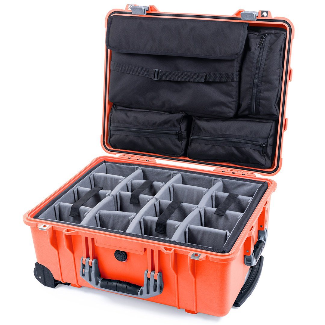 Pelican 1560 Case, Orange with Silver Handles &amp; Latches Gray Padded Microfiber Dividers with Computer Pouch ColorCase 015600-0270-150-180