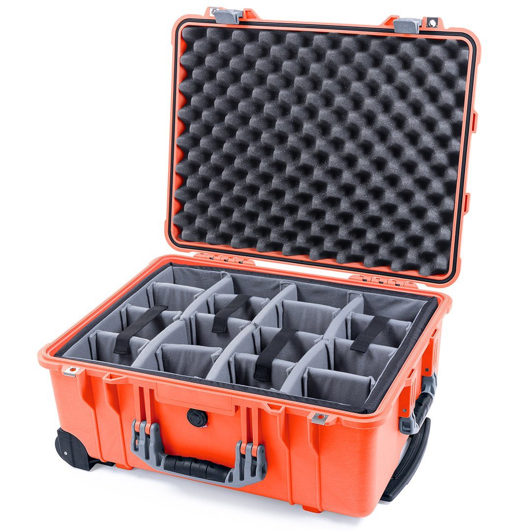 Pelican 1560 Case, Orange with Silver Handles &amp; Latches Gray Padded Microfiber Dividers with Convolute Lid Foam ColorCase 015600-0070-150-180