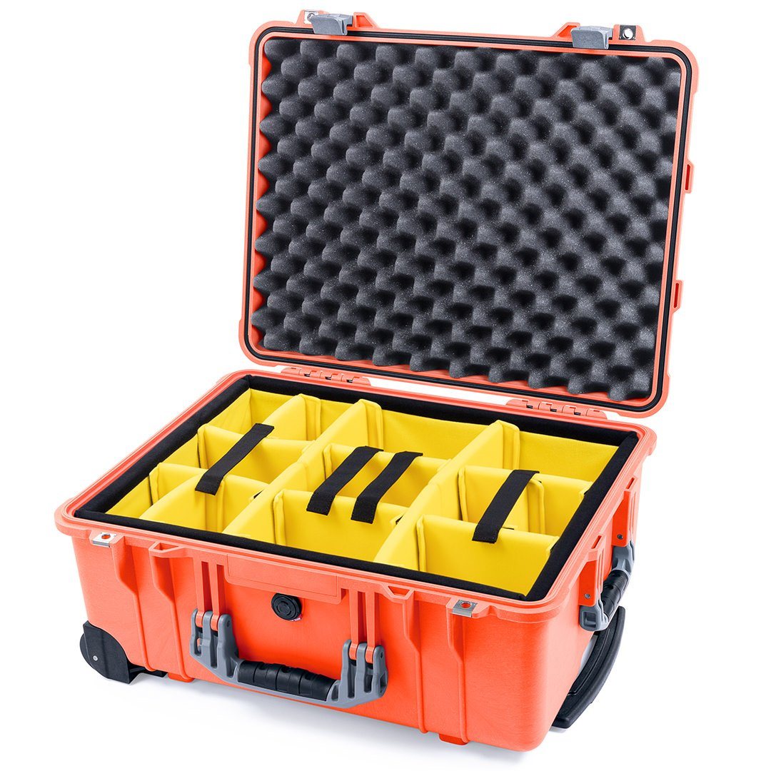 Pelican 1560 Case, Orange with Silver Handles &amp; Latches Yellow Padded Microfiber Dividers with Convolute Lid Foam ColorCase 015600-0010-150-180