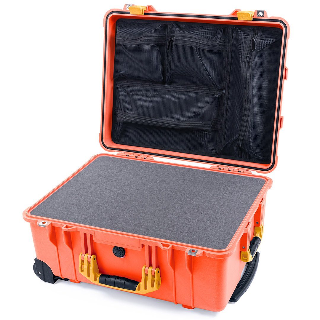 Pelican 1560 Case, Orange with Yellow Handles &amp; Latches Pick &amp; Pluck Foam with Mesh Lid Organizer ColorCase 015600-0101-150-240