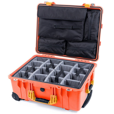 Pelican 1560 Case, Orange with Yellow Handles & Latches Gray Padded Microfiber Dividers with Computer Pouch ColorCase 015600-0270-150-240