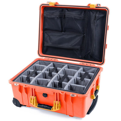 Pelican 1560 Case, Orange with Yellow Handles & Latches Gray Padded Microfiber Dividers with Mesh Lid Organizer ColorCase 015600-0170-150-240