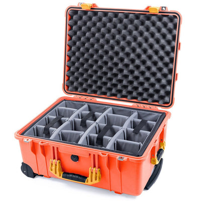 Pelican 1560 Case, Orange with Yellow Handles & Latches Gray Padded Microfiber Dividers with Convolute Lid Foam ColorCase 015600-0070-150-240