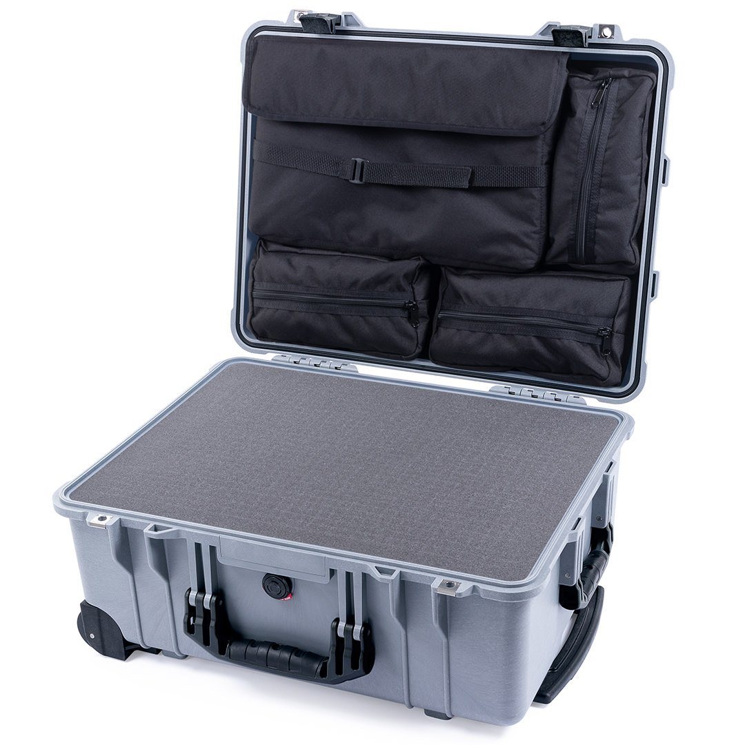 Pelican 1560 Case, Silver with Black Handles &amp; Latches Pick &amp; Pluck Foam with Computer Pouch ColorCase 015600-0201-180-110