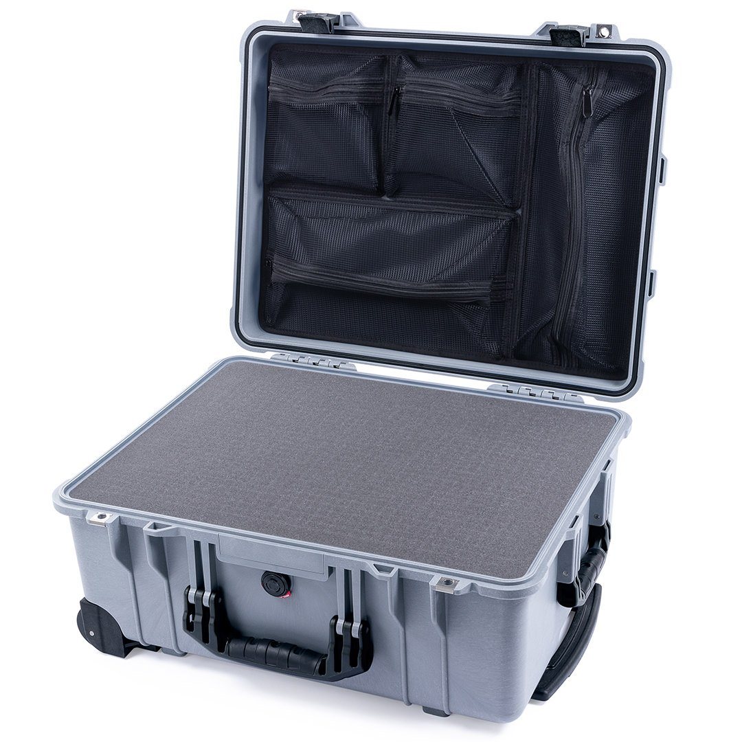 Pelican 1560 Case, Silver with Black Handles &amp; Latches Pick &amp; Pluck Foam with Mesh Lid Organizer ColorCase 015600-0101-180-110