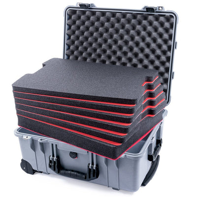 Pelican 1560 Case, Silver with Black Handles & Latches Custom Tool Kit (6 Foam Inserts with Convolute Lid Foam) ColorCase 015600-0060-180-110