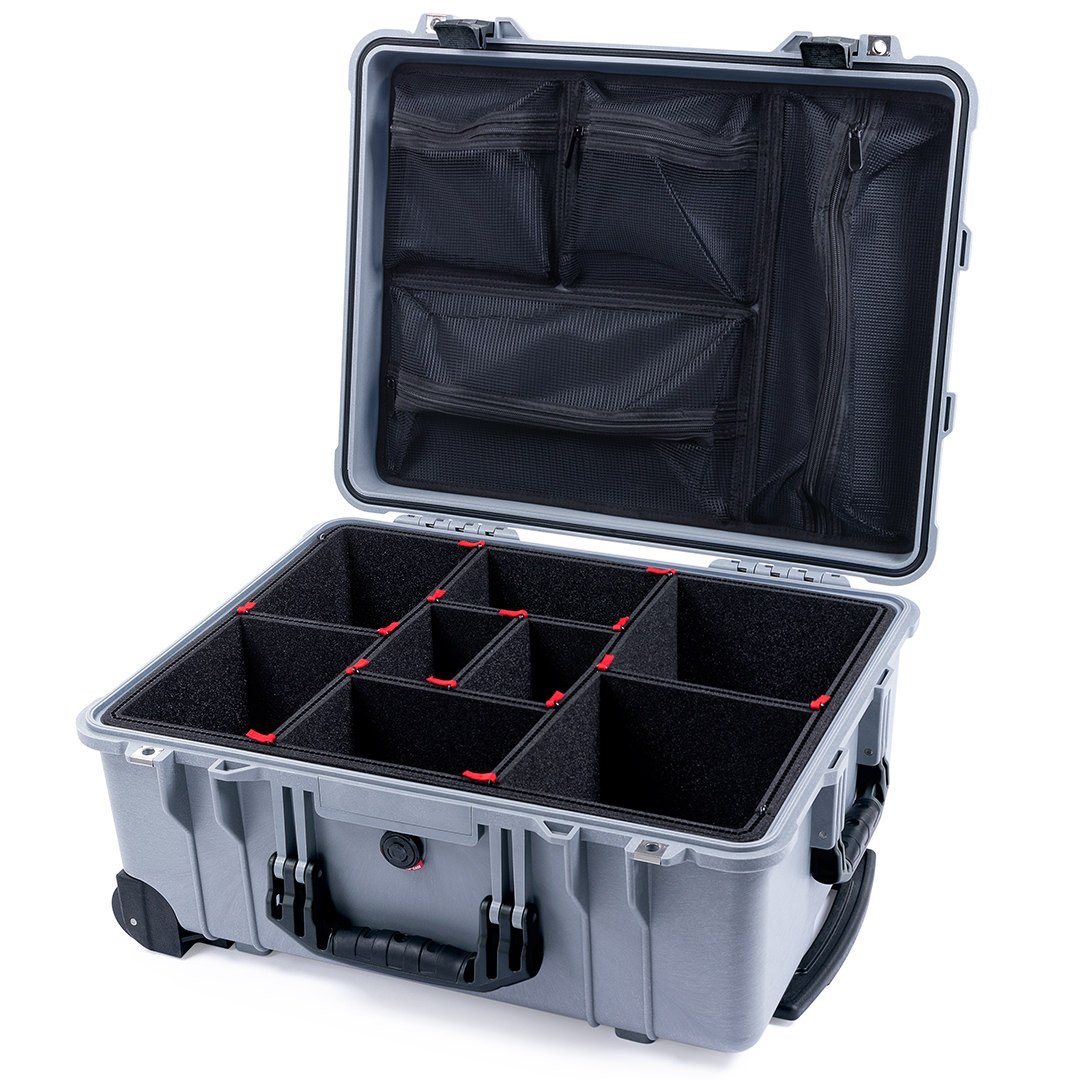 Pelican 1560 Case, Silver with Black Handles &amp; Latches TrekPak Divider System with Mesh Lid Organizer ColorCase 015600-0120-180-110