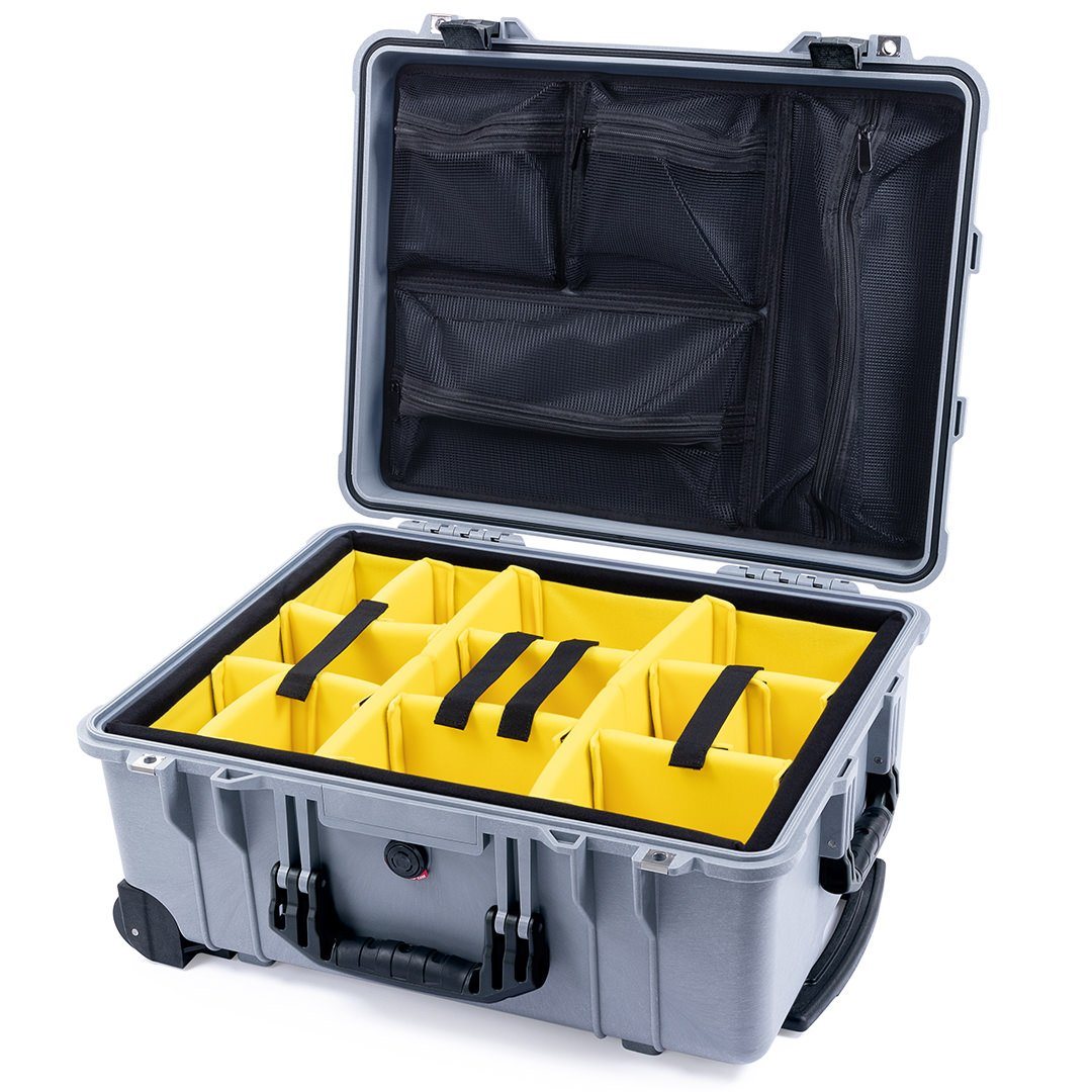 Pelican 1560 Case, Silver with Black Handles &amp; Latches Yellow Padded Microfiber Dividers with Mesh Lid Organizer ColorCase 015600-0110-180-110