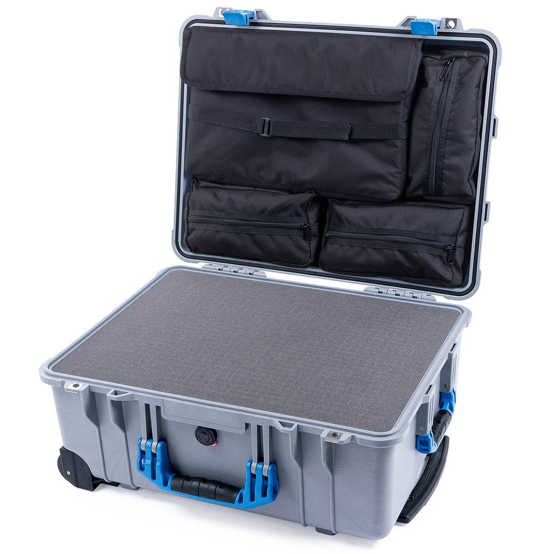 Pelican 1560 Case, Silver with Blue Handles &amp; Latches Pick &amp; Pluck Foam with Computer Pouch ColorCase 015600-0201-180-120