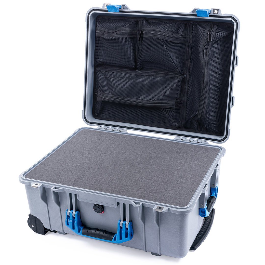 Pelican 1560 Case, Silver with Blue Handles &amp; Latches Pick &amp; Pluck Foam with Mesh Lid Organizer ColorCase 015600-0101-180-120