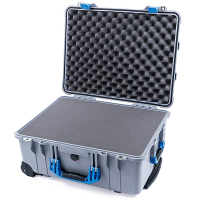 Pelican 1560 Case, Silver with Blue Handles & Latches Pick & Pluck Foam with Convolute Lid Foam ColorCase 015600-0001-180-120