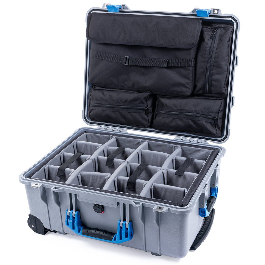 Pelican 1560 Case, Silver with Blue Handles &amp; Latches Gray Padded Microfiber Dividers with Computer Pouch ColorCase 015600-0270-180-120
