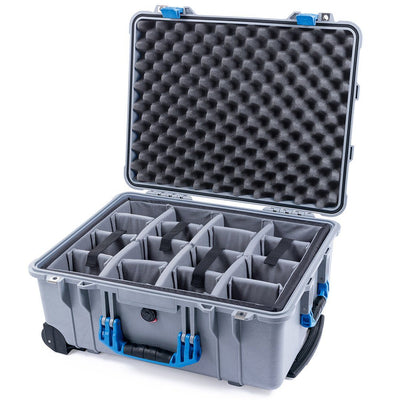 Pelican 1560 Case, Silver with Blue Handles & Latches Gray Padded Microfiber Dividers with Convolute Lid Foam ColorCase 015600-0070-180-120
