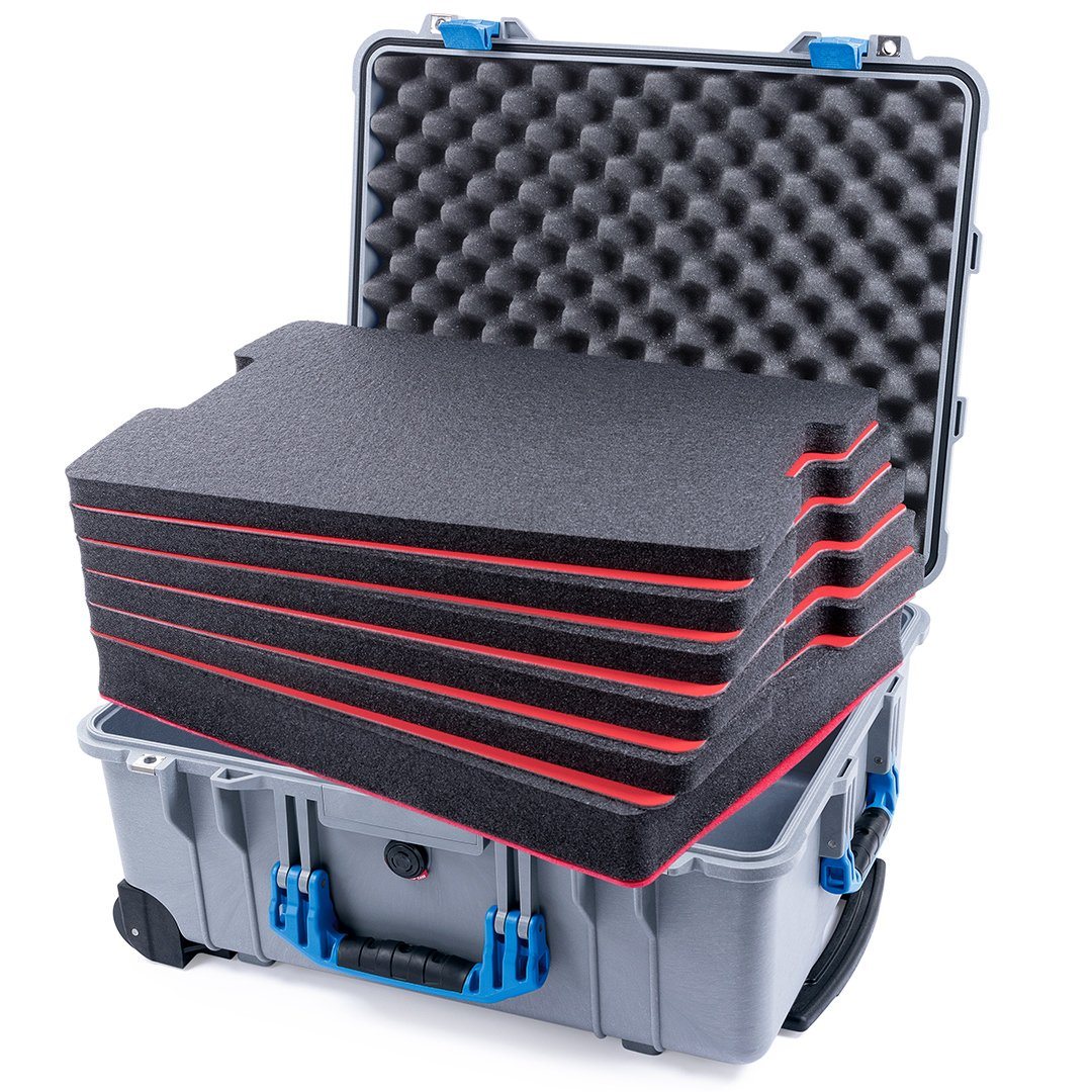 Pelican 1560 Case, Silver with Blue Handles &amp; Latches Custom Tool Kit (6 Foam Inserts with Convolute Lid Foam) ColorCase 015600-0060-180-120